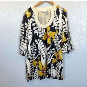 Trina Turk Grey & Yellow Silk Floral Dress Sequin Neckline Bell Sleeves Size 12